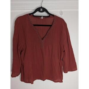 Garnet Hill Blouse Womens 16 Red Embroidered V Neck 3/4 Bell Sleeve Tunic Top
